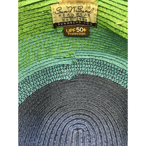 Sun N’ Sand Womens Straw Wide Brim Hat UPF 50+ Protection Blue Green Natural EUC main image 5